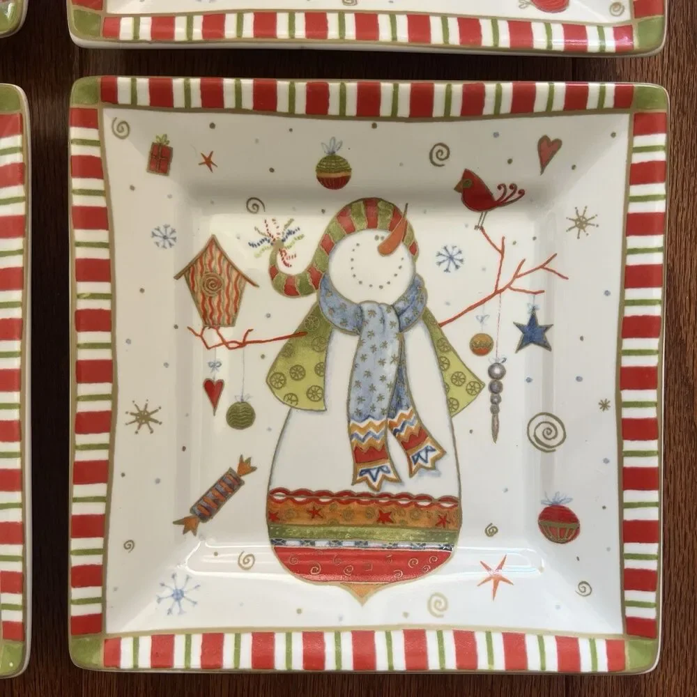 222 Fifth Christmas Plates Set of‎ 4 Square Whimsical Folk Art- Style